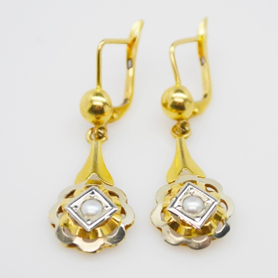 Antique Victorian 18K Yellow and White Gold Cultured Pearl Dangle Pierced Earrings