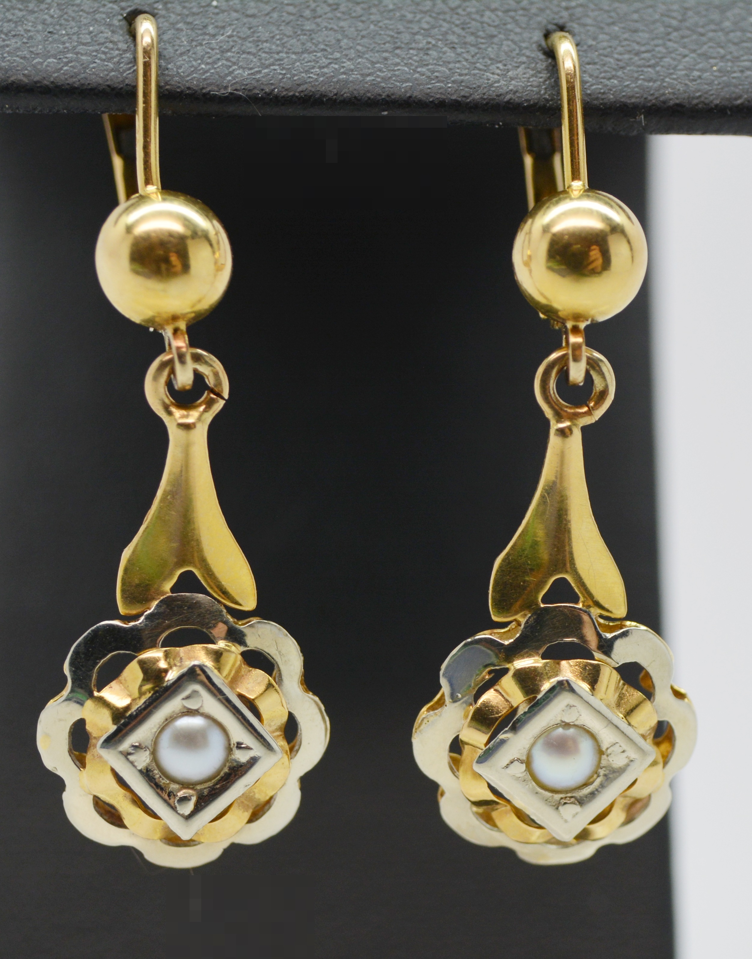 Antique Victorian 18K Yellow and White Gold Cultured Pearl Dangle Pierced Earrings