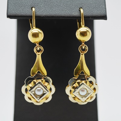Antique Victorian 18K Yellow and White Gold Cultured Pearl Dangle Pierced Earrings