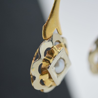 Antique Victorian 18K Yellow and White Gold Cultured Pearl Dangle Pierced Earrings