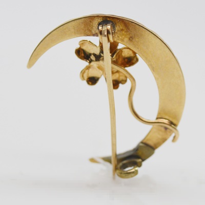 Victorian 14K Yellow Gold Diamond Crescent Flower Brooch