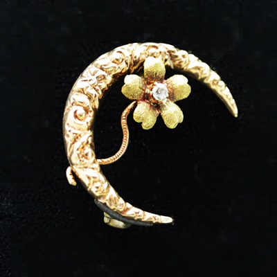 Victorian 14K Yellow Gold Diamond Crescent Flower Brooch