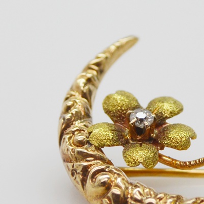 Victorian 14K Yellow Gold Diamond Crescent Flower Brooch