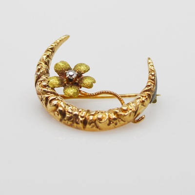 Victorian 14K Yellow Gold Diamond Crescent Flower Brooch