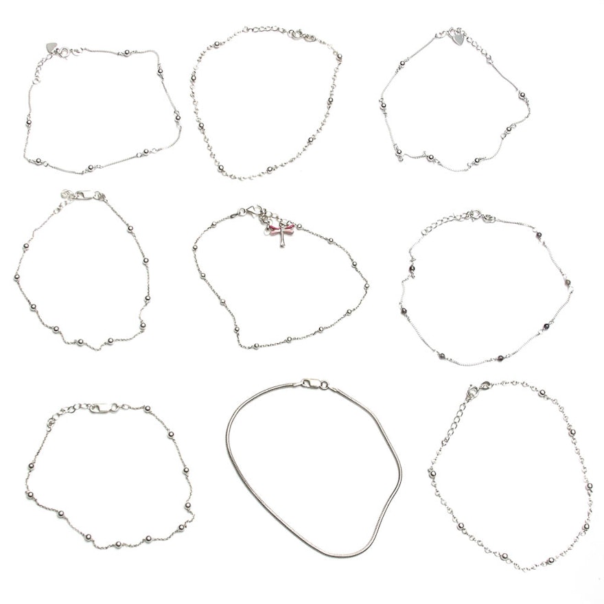 Collection of Sterling Silver Ankle Bracelets