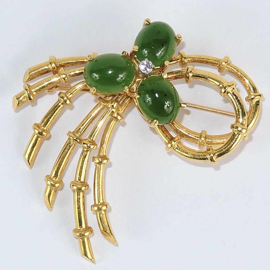 Heavy 18K Gold Brooch with Green Stones and a Diamond