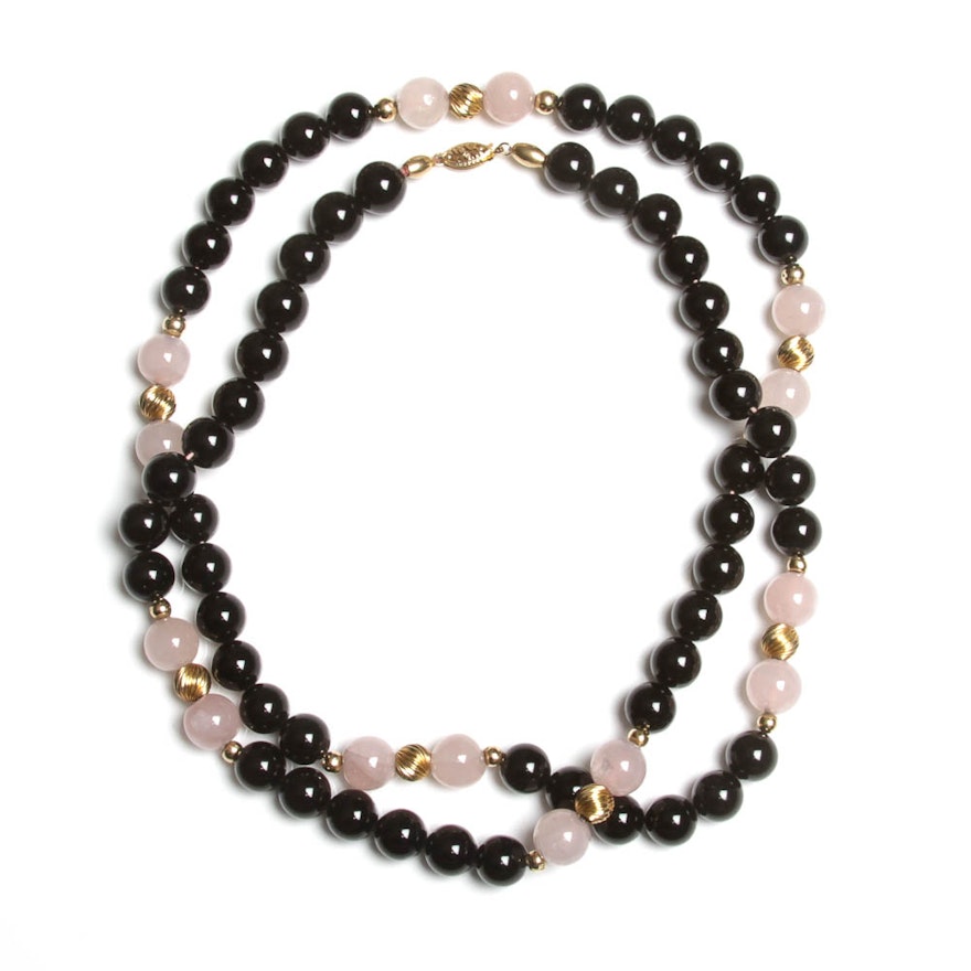Gold, Rose Quartz and Black Onyx Necklace