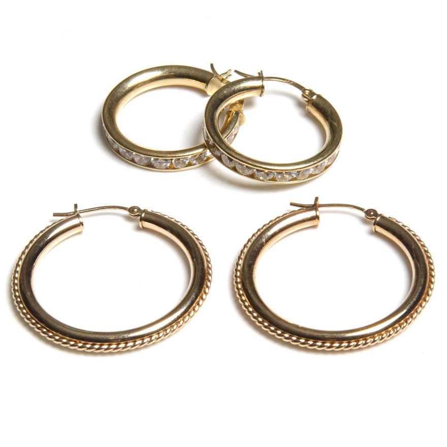 Two Pairs of Gold Hoop Earrings Including Stones