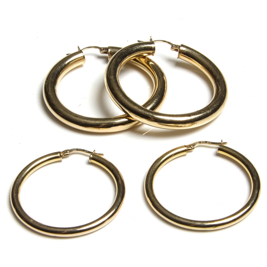 Two Pairs of 14k Yellow Gold Hollow Hoop Earrings
