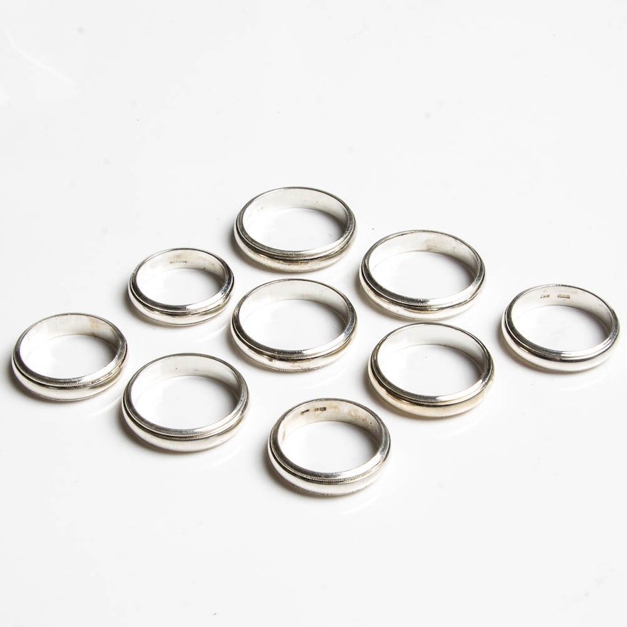 Nine Sterling Silver Band Rings