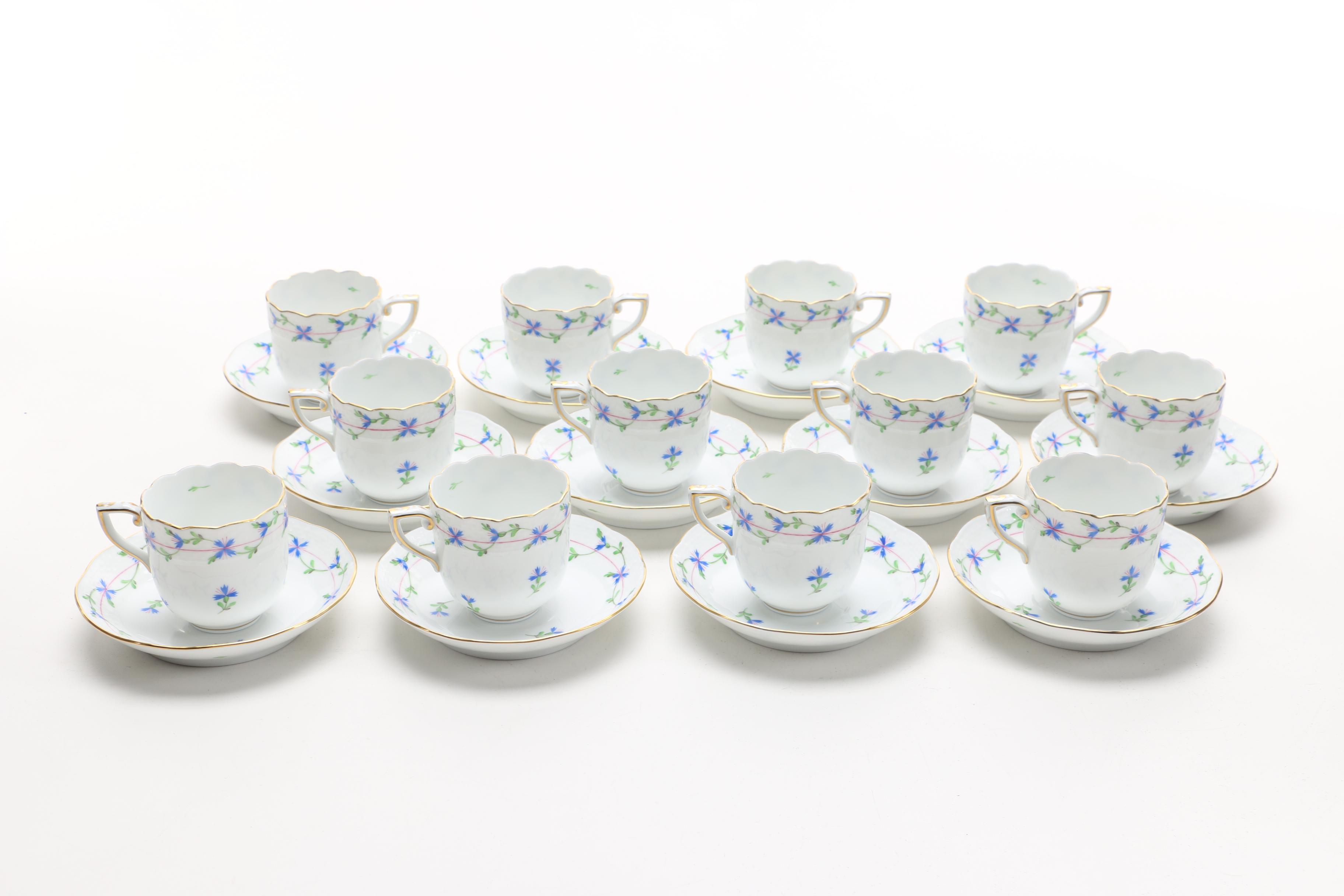 Herend from Hungary Complete Demitasse Set for Twelve in the "Blue Garland" Pattern