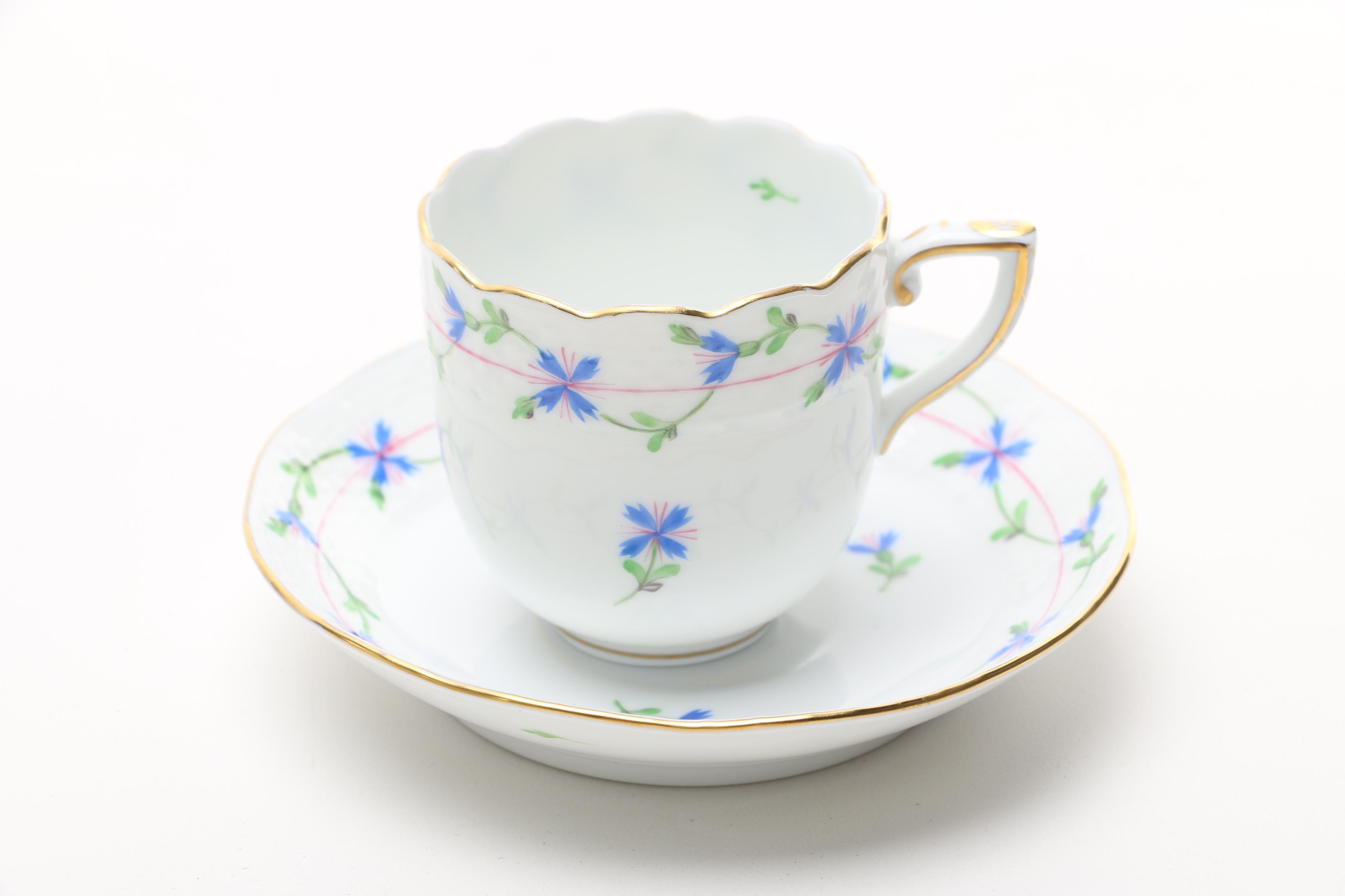 Herend from Hungary Complete Demitasse Set for Twelve in the "Blue Garland" Pattern