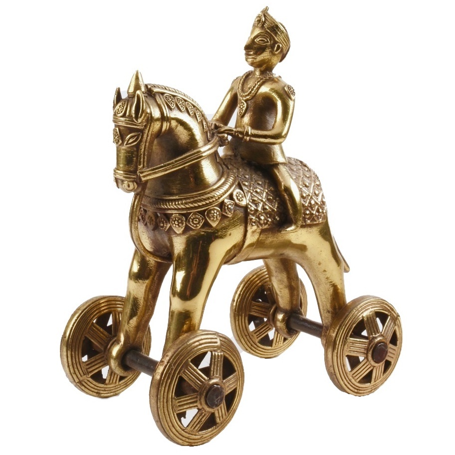Brass Plated Cast Iron Horse With Rider