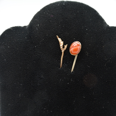 Vintage 10K Yellow Gold Agate Stick Pin and 14K Yellow Gold Natural Pearl Stick Pin