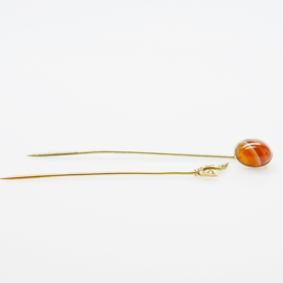 Vintage 10K Yellow Gold Agate Stick Pin and 14K Yellow Gold Natural Pearl Stick Pin