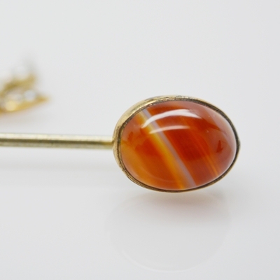 Vintage 10K Yellow Gold Agate Stick Pin and 14K Yellow Gold Natural Pearl Stick Pin
