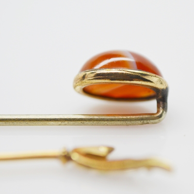 Vintage 10K Yellow Gold Agate Stick Pin and 14K Yellow Gold Natural Pearl Stick Pin