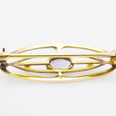 Victorian 14K Yellow Gold Amethyst and Cultured Pearl Brooch