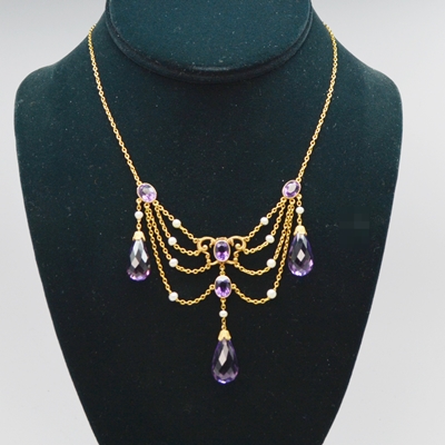14K Yellow Gold Amethyst and Pearl Chandelier Style Necklace