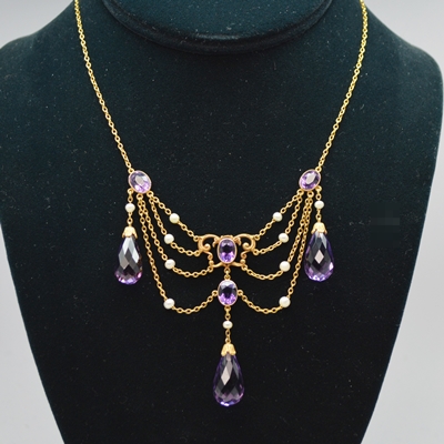 14K Yellow Gold Amethyst and Pearl Chandelier Style Necklace