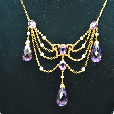 14K Yellow Gold Amethyst and Pearl Chandelier Style Necklace