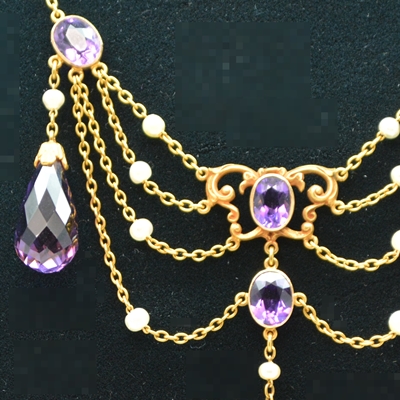 14K Yellow Gold Amethyst and Pearl Chandelier Style Necklace
