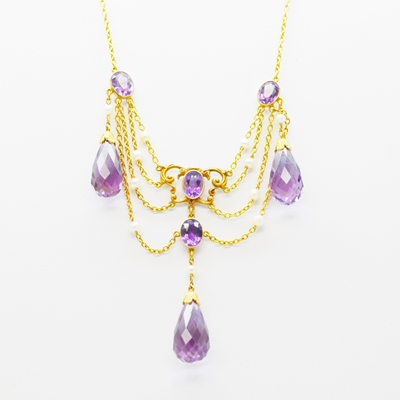 14K Yellow Gold Amethyst and Pearl Chandelier Style Necklace