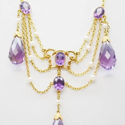 14K Yellow Gold Amethyst and Pearl Chandelier Style Necklace