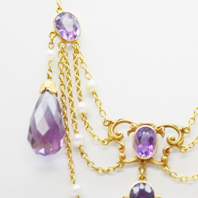 14K Yellow Gold Amethyst and Pearl Chandelier Style Necklace