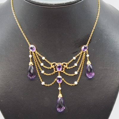 14K Yellow Gold Amethyst and Pearl Chandelier Style Necklace