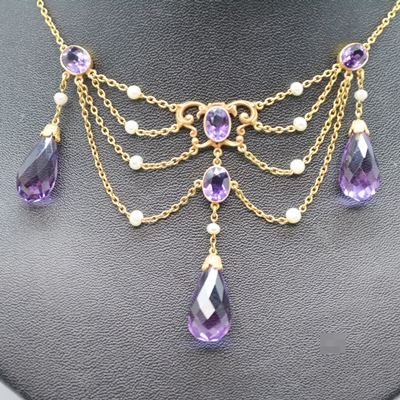 14K Yellow Gold Amethyst and Pearl Chandelier Style Necklace