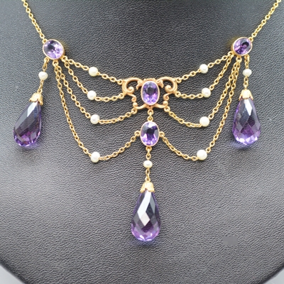 14K Yellow Gold Amethyst and Pearl Chandelier Style Necklace