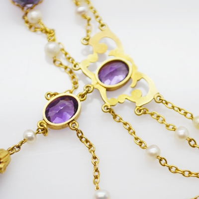 14K Yellow Gold Amethyst and Pearl Chandelier Style Necklace