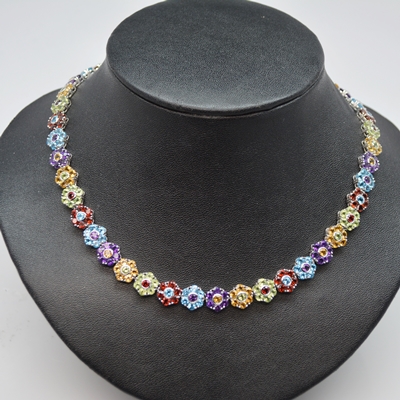 14K White Gold Gemstone Floral Necklace