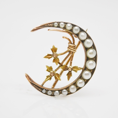 Victorian 10K Rose Gold Natural Pearl Crescent Brooch
