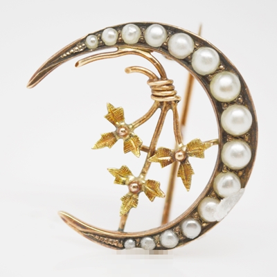 Victorian 10K Rose Gold Natural Pearl Crescent Brooch