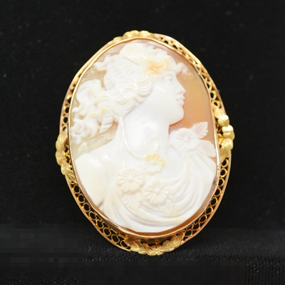 Antique 10K Yellow Gold Shell Cameo Brooch Pendant