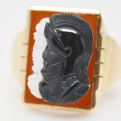 Antique 10K Yellow Gold, Sardonyx and Onyx Commesso Cameo Men's Ring