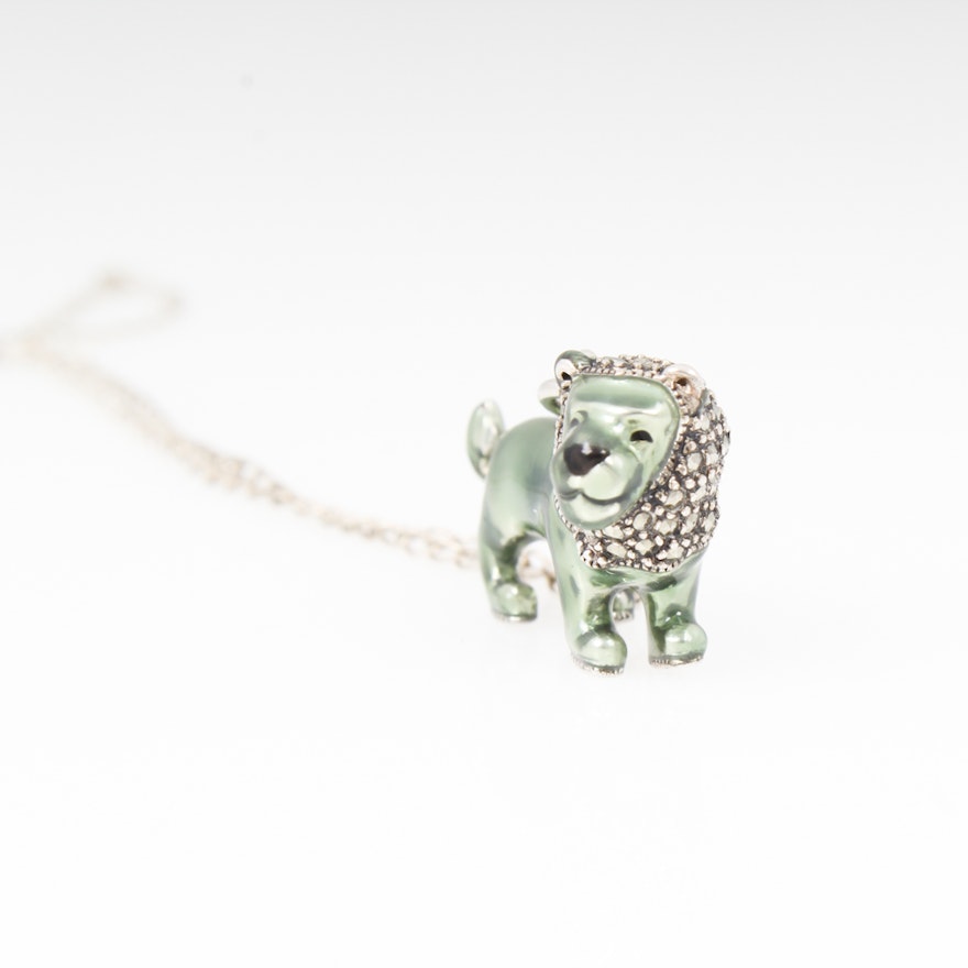 Sterling Silver, Marcasite and Enamel Lion Pendant Necklace