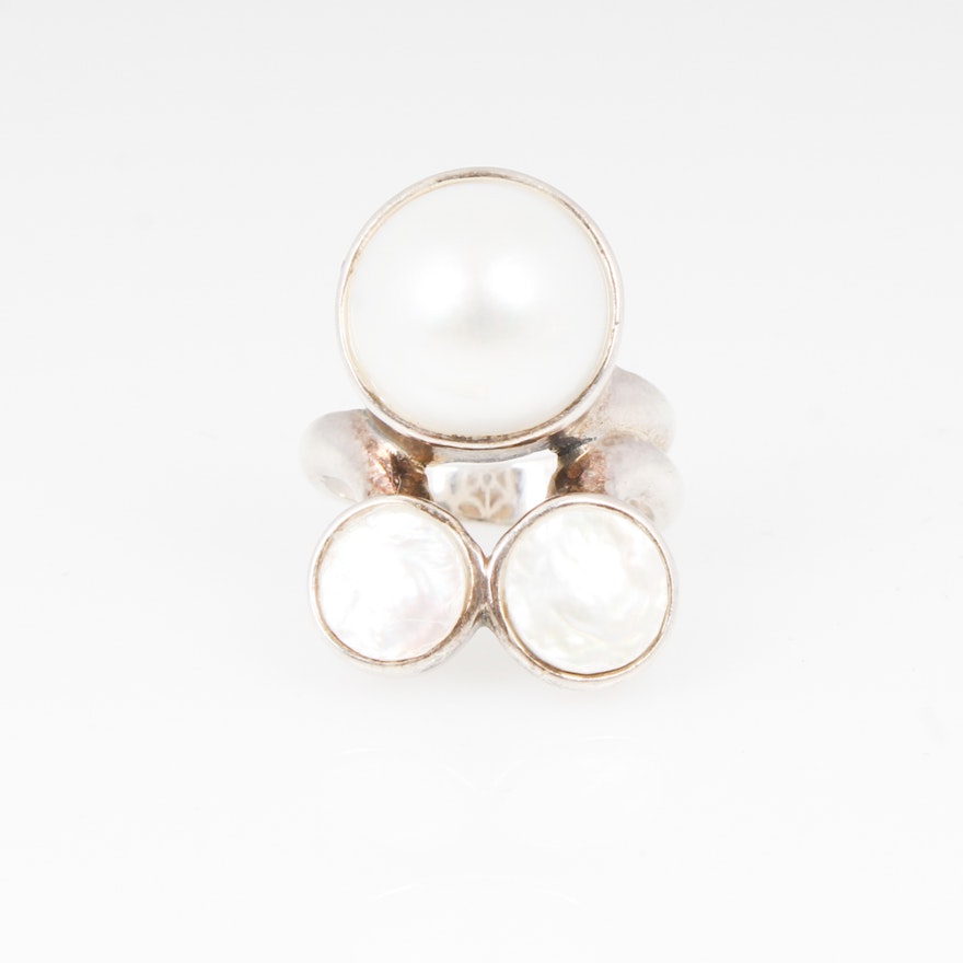 Sterling Silver Mabe and Biwa Pearl Ring