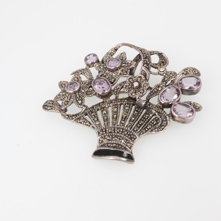 Sterling Silver, Amethyst and Marcasite Bouquet Brooch