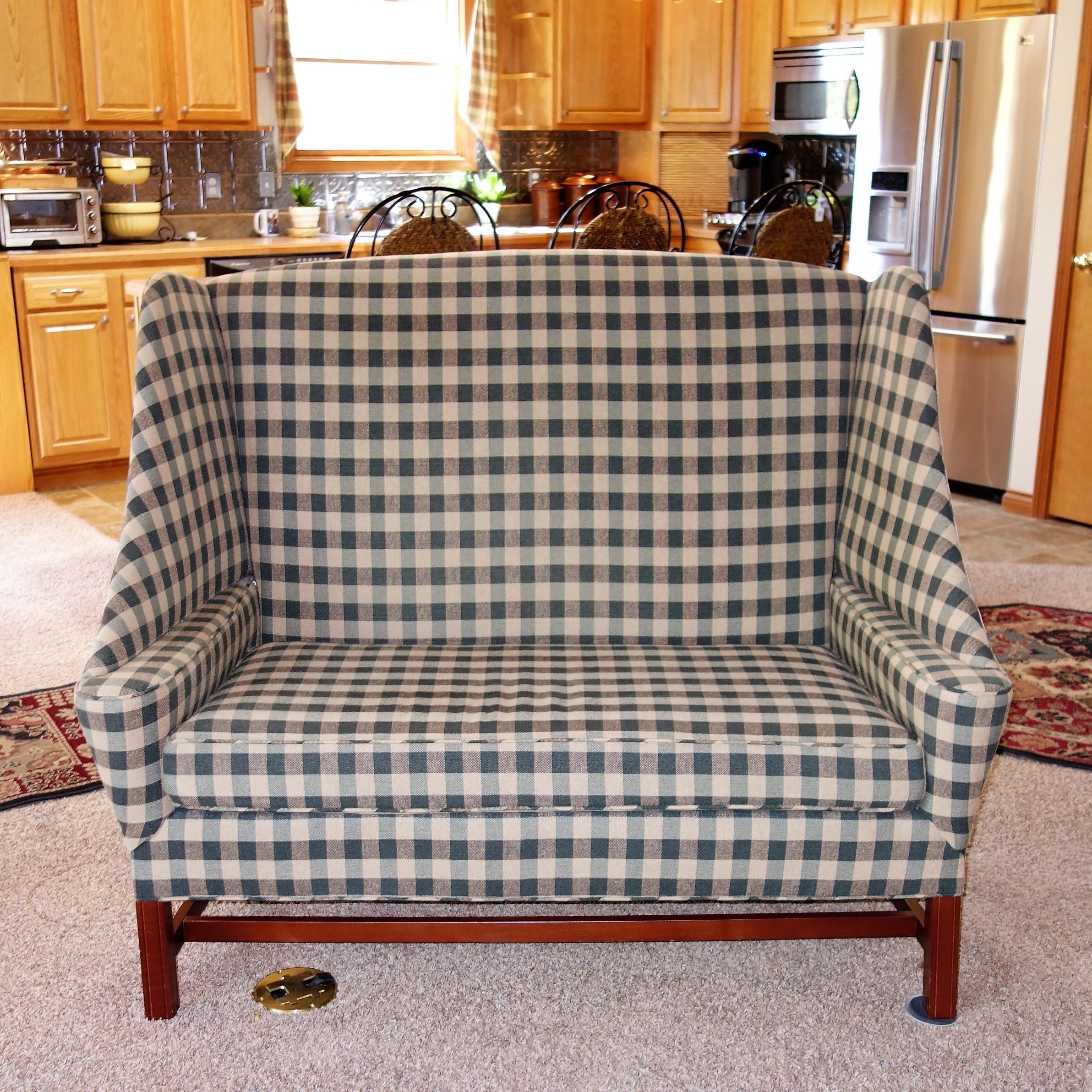 Johnston Benchworks Green Plaid Wingback Settee