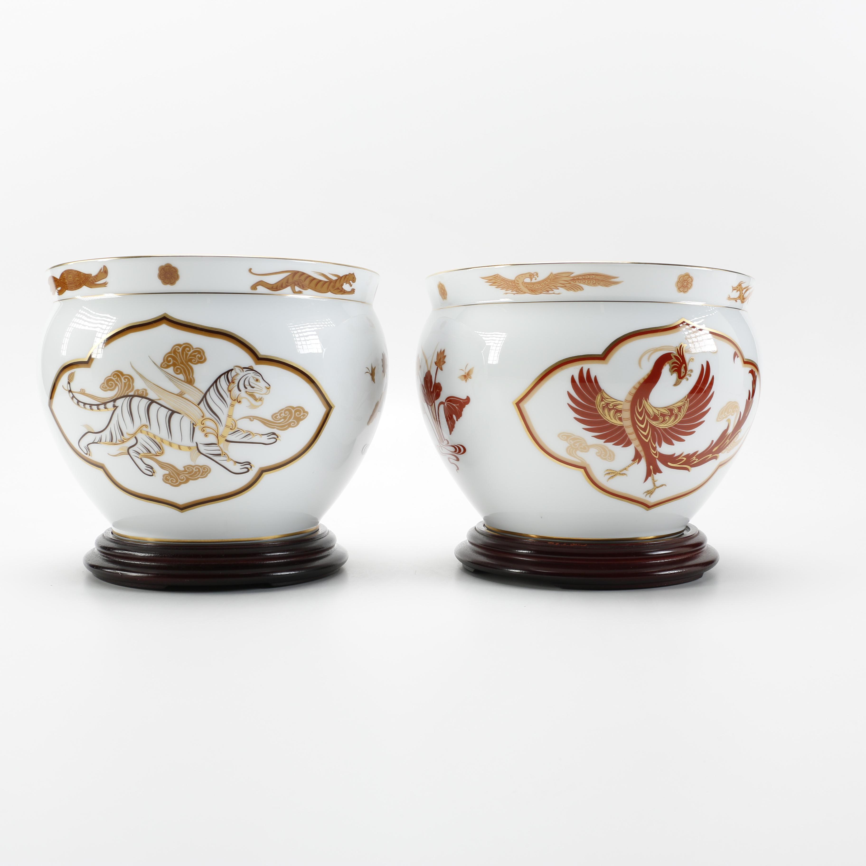Vintage Japanese Okura Porcelain Decorative Bowls With Phoenix and Tiger Designs