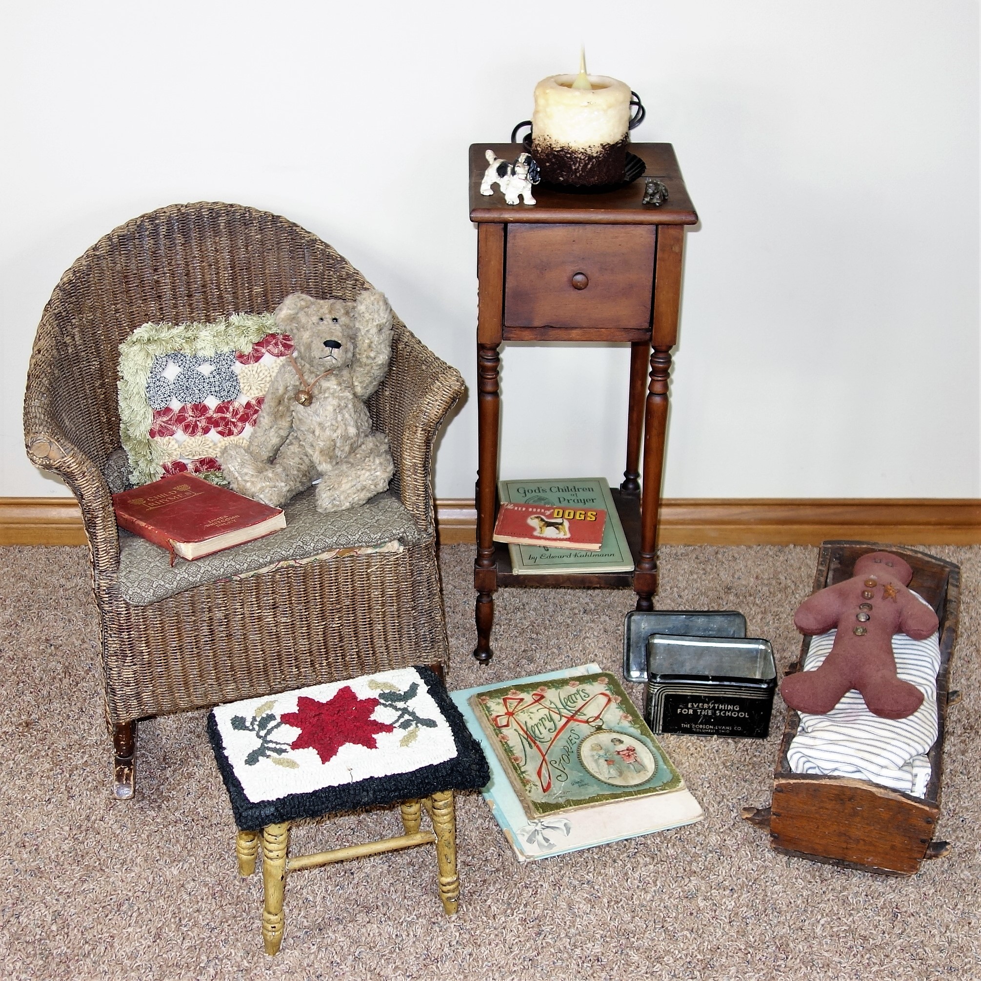 Child's Antique Wicker Rocker, Table, Footstool, Books and Bear
