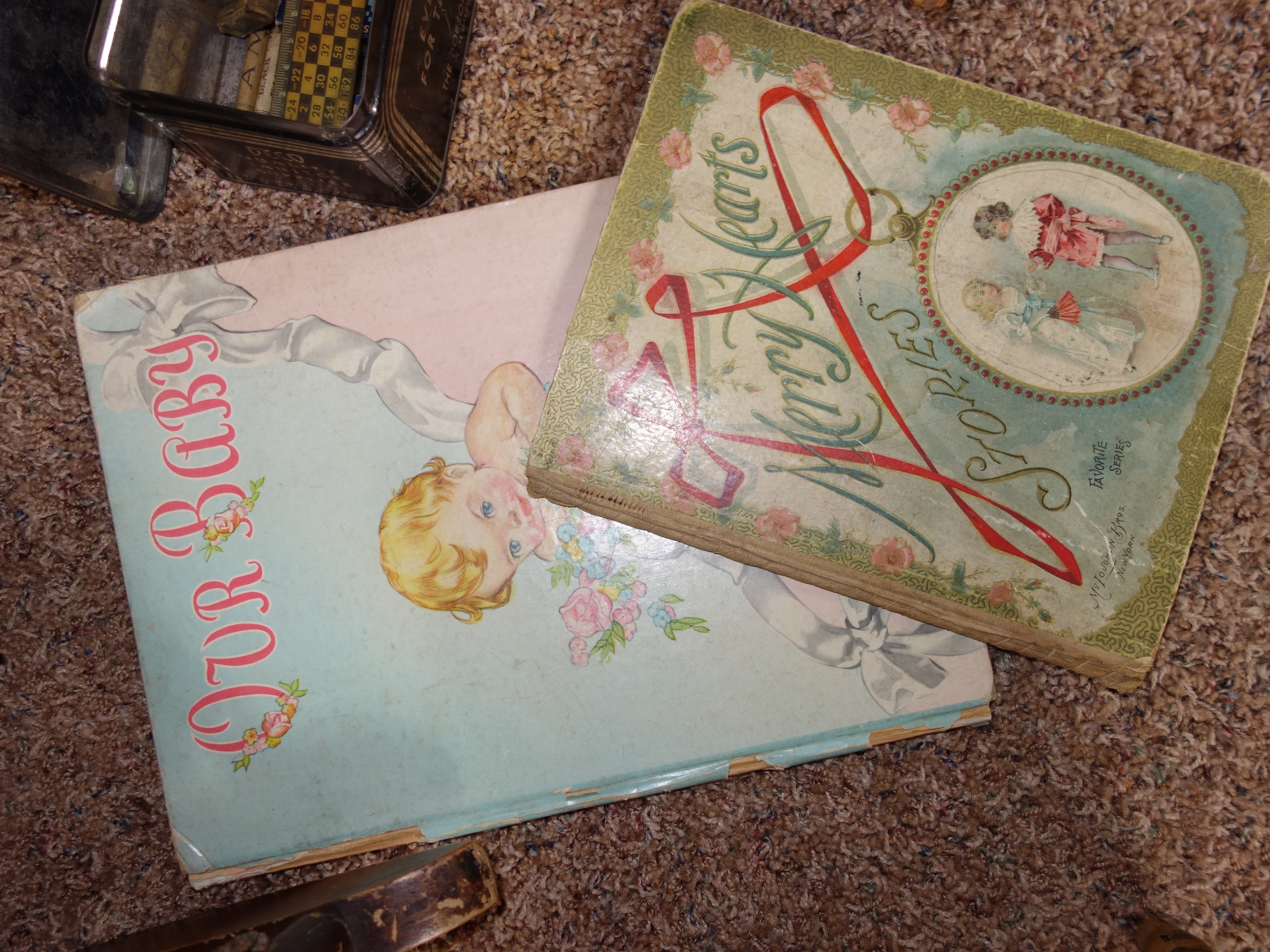 Child's Antique Wicker Rocker, Table, Footstool, Books and Bear