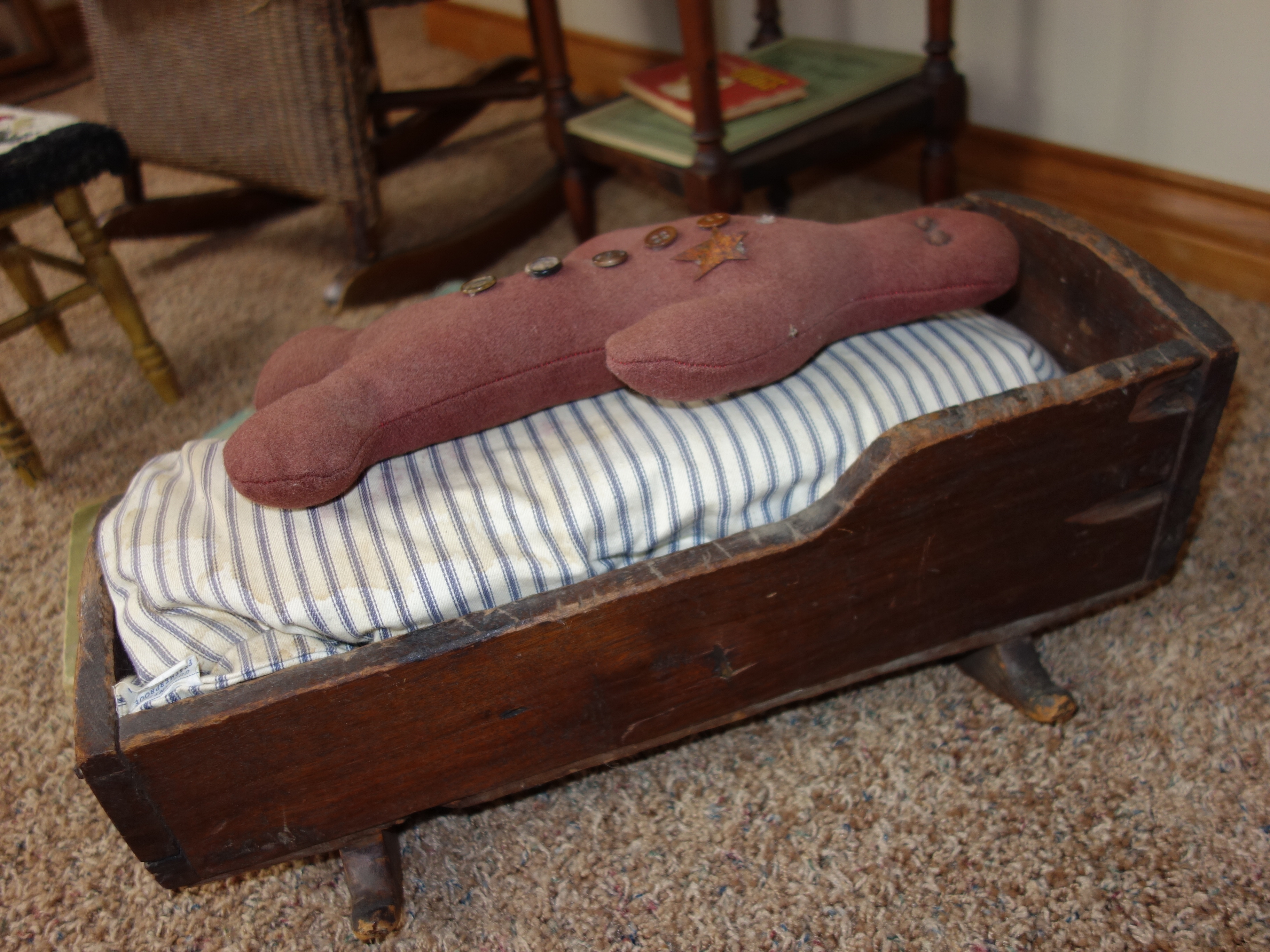 Child's Antique Wicker Rocker, Table, Footstool, Books and Bear