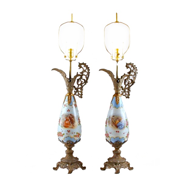 Pair of Hand Decorated Ewer Lamps