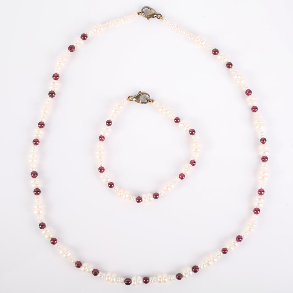 Sterling Silver, Freshwater Pearl, and Garnet Demi Parure