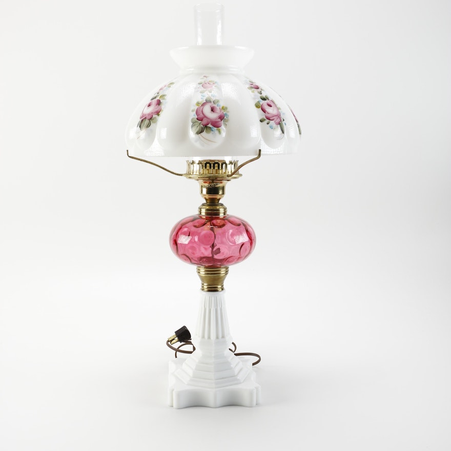 Vintage Milk and Cranberry Glass Lamp With Hand-Painted Shade