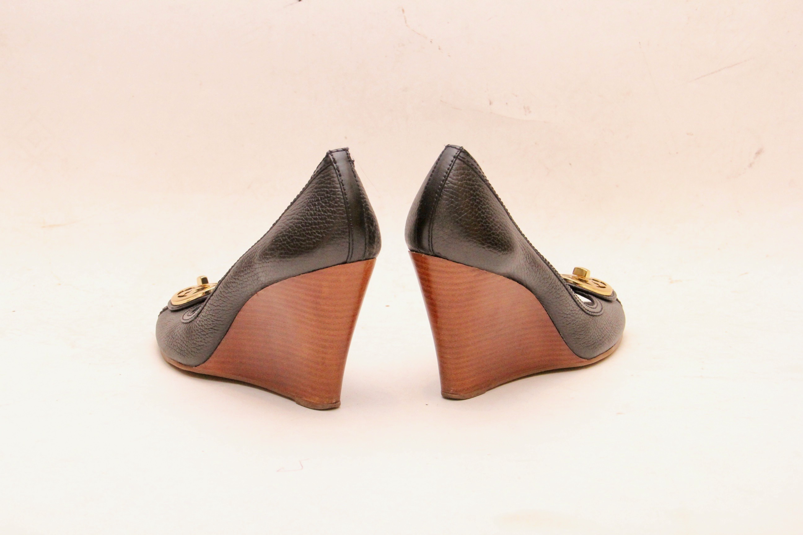 Tory Burch Selma Black Leather Peep Toe Wedges